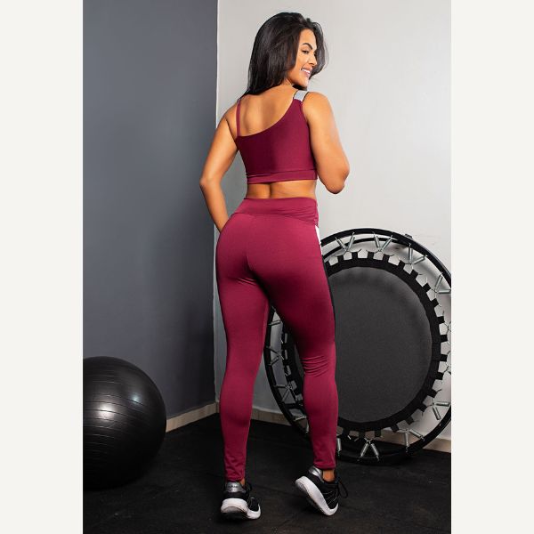 X Calça Legging com Bolso de Tela + Cropped Marsala com Elásticos Conjunto Fitness